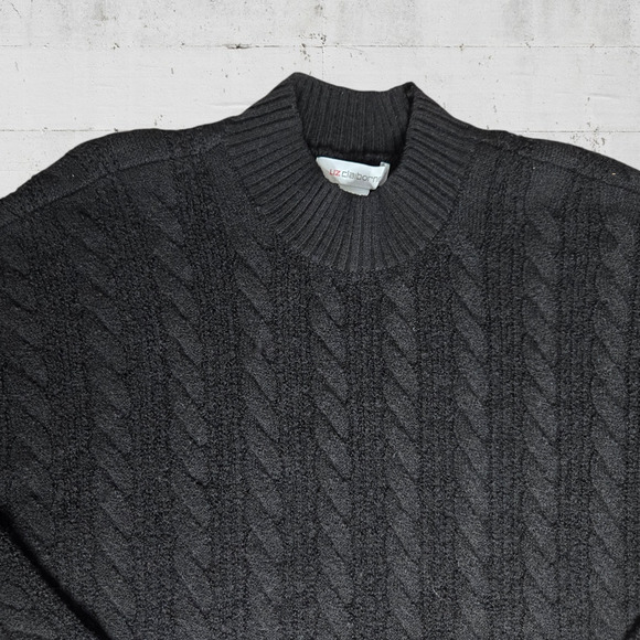 Liz Claiborne Black White Cable Knit Mock Neck Colorblock Sweater Size Large - Picture 2 of 6